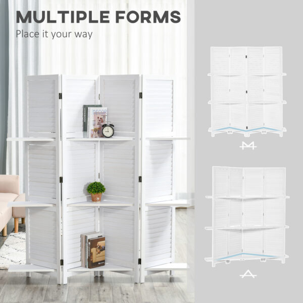 4-Panel Wall Partition Room Separator with 3 Storage Shelves Foldable Design Wooden Frame 5.6FT White