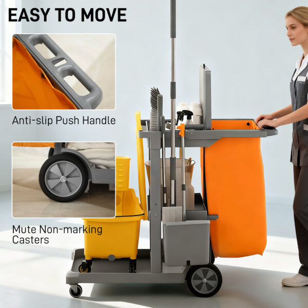 Commercial Janitorial Cart with 3 Tier Shelves, Cleaning Cart with Rubbish Bag and Mop Mount for Hotel Restaurant, Grey