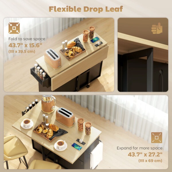 Kitchen Island with Storage, Rolling Kitchen Cart with Charging Station, Drop Leaf, Spice Rack, Towel Rack, Drawers