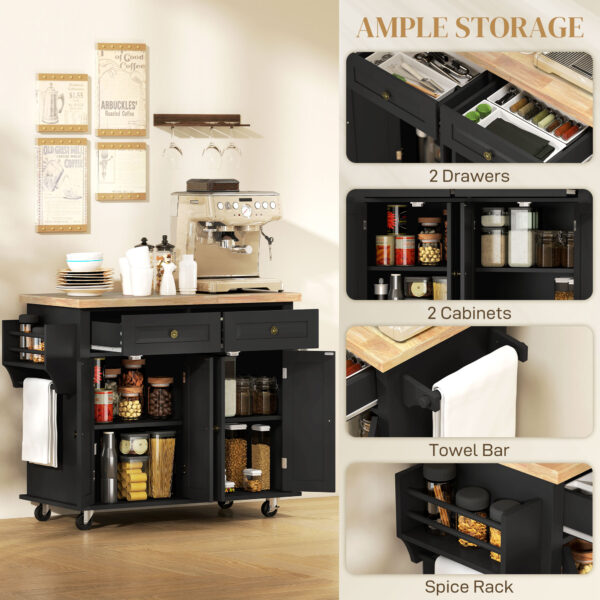 5mHb1019a2f2ba792.jpg Rolling Kitchen Island with Rubber Wood Top and Storage, Spice Rack, Towel Rack, Black