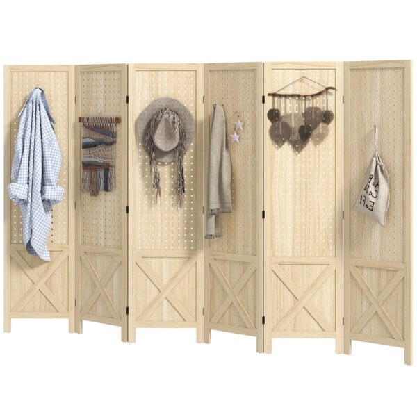 Wooden Room Divider with Pegboard Display, 6 Panel Folding Privacy Screen for Home Office, Natural Wood