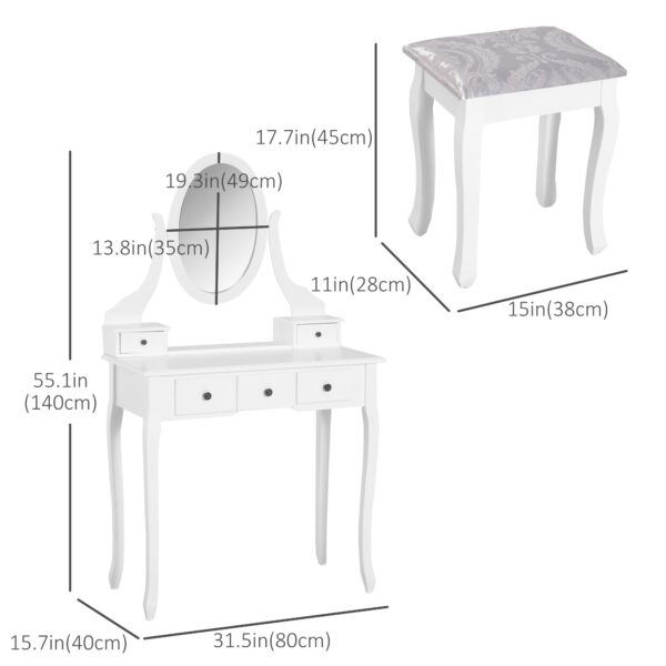 Wooden Vanity Table Set, Makeup Dressing Table with 360° Rotating, 5 Drawers and Padded Stool, White