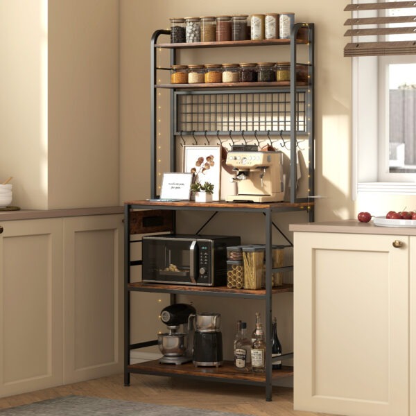 Kitchen Baker's Rack with Power Outlet and LED Light, 5-Tier Coffee Bar Station with 10 Hooks, Rustic Brown