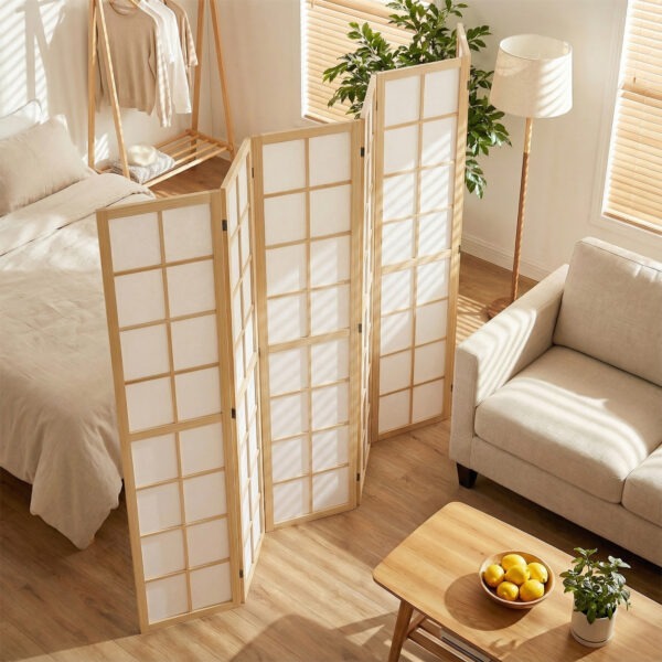 6 Panel Room Divider, 5.6 ft Folding Wall Divider Room Partition for Home Office, Bedroom, Living Room, Natural Wood