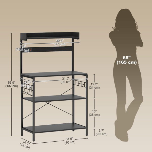 6og86e19bb75b93ef.jpg Kitchen Baker's Rack with Power Outlet, Coffee Bar Station with Adjustable Shelves and Hooks, Rustic Brown