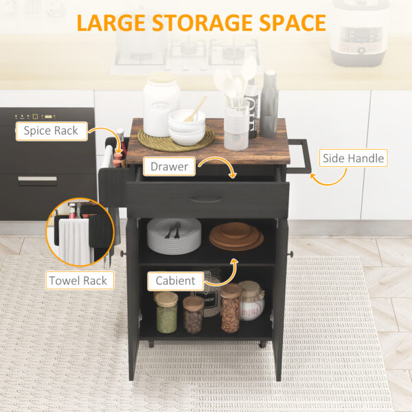 Modern Rolling Kitchen Island Cart with Drawer, Natural Wood Top, Towel Rack, Door Storage Cabinet, Distressed Black