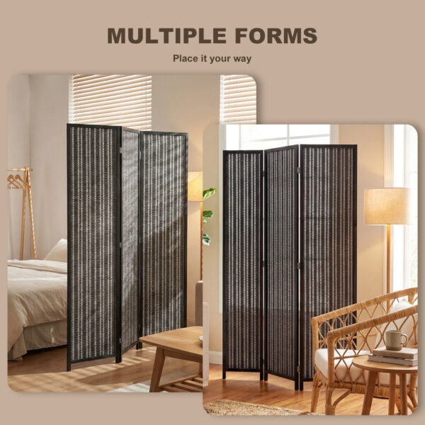 Folding Privacy Screen, 3 Panel Room Divider, Freestanding Partition with Handwoven Bamboo and Pine Wood Frame, Black