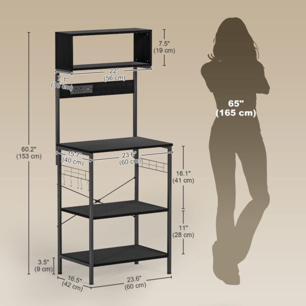 Baker's Rack with Charing Station, Microwave Shelf with Power Outlet, USB Charger and 5 Hooks, Black