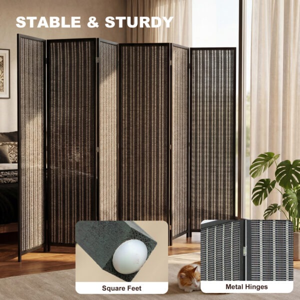 Folding Privacy Screen, 6 Panel Room Divider, Freestanding Partition with Handwoven Bamboo and Pine Wood Frame, Black