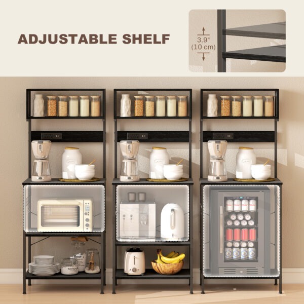 Baker's Rack with Charing Station, Microwave Shelf with Power Outlet, USB Charger and 5 Hooks, Black