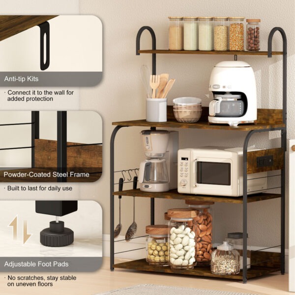 Baker's Rack with Charing Station, Microwave Shelf with Power Outlet, USB Charger and 4 Hooks, Rustic Brown
