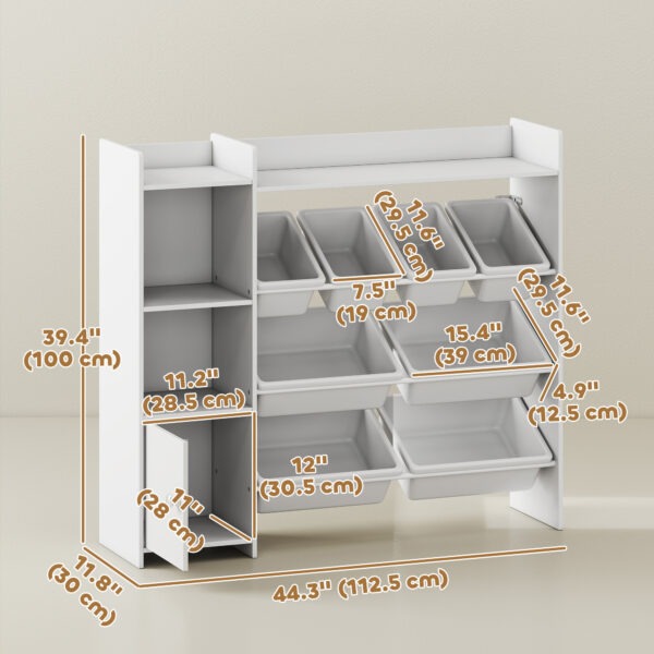 Qaba Kids Bookshelf and Toy Storage Organizer, Children Bookcase with 8 Removable Bins, Cabinet for Playroom, Kids Room, Nursery, White