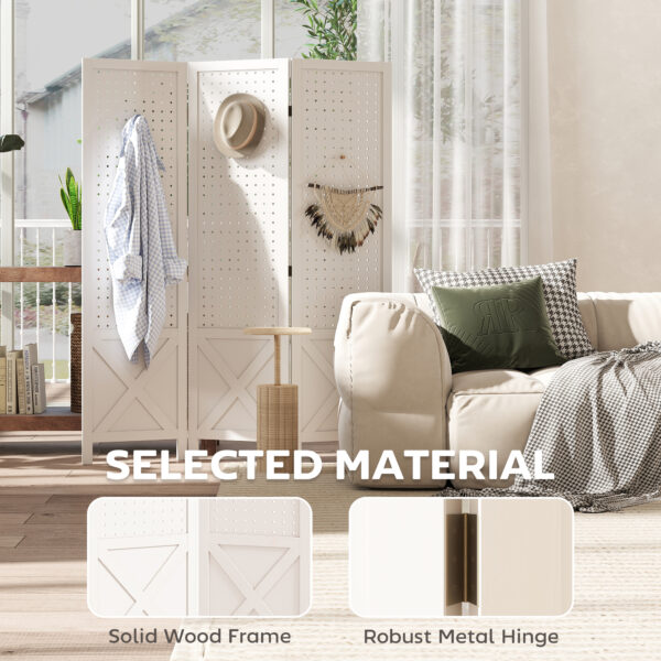 56.9" 3 Panel Wooden Room Divider with Pegboard Display, Folding Privacy Screen for Home Office, White