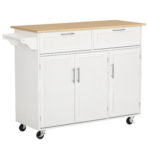 48" Rolling Kitchen Island, Kitchen Cart on Wheels with 2 Storage Drawers, 3 Door Cabinets and Towel Rack for Dining Room (White, 3-Doors)
