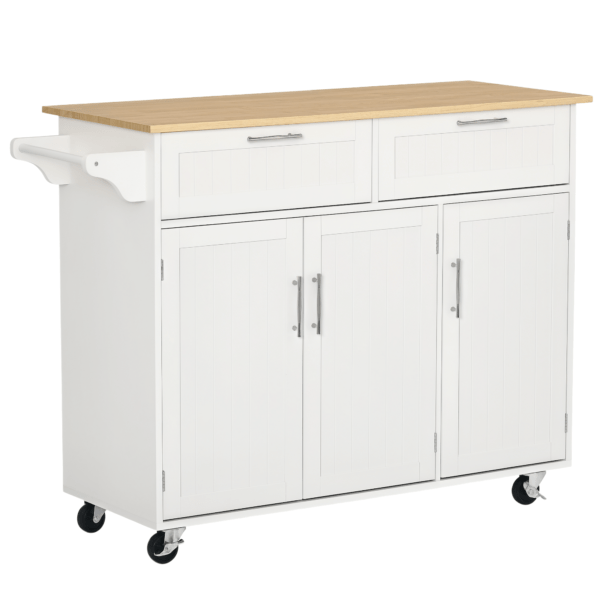 48" Rolling Kitchen Island, Kitchen Cart on Wheels with 2 Storage Drawers, 3 Door Cabinets and Towel Rack for Dining Room (White, 3-Doors)