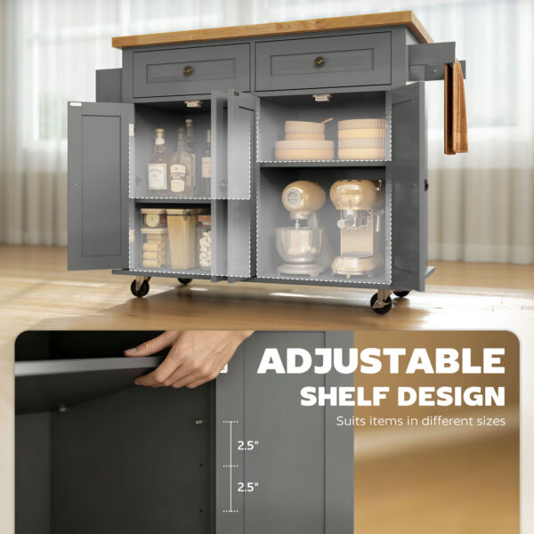 Kitchen Island with Storage, Rolling Trolley Cart with Rubber Wood Top, Spice Rack, Towel Rack, Grey
