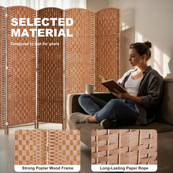 6ft Folding Room Divider, 6 Panel Wall Partition with Wooden Frame for Bedroom, Home Office, Natural