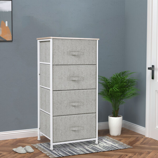 Linen Drawer Cabinet Organizer Storage Dresser Tower with 4 Removable Drawer Metal Frame Adjustable Feet for Living Room, Kitchen, Bathroom, White