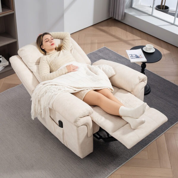 Manual Recliner Chair with Vibration Massage, Side Pockets, Microfibre Reclining Chair for Living Room, Cream White
