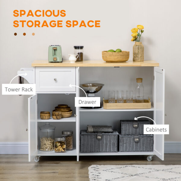 Rolling Kitchen Island with Storage, Utility Kitchen Island Cart with Drawer, Cabinets, Towel Rack and Rubber Wood Top