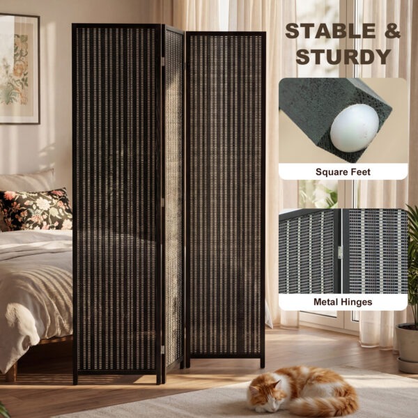 Folding Privacy Screen, 3 Panel Room Divider, Freestanding Partition with Handwoven Bamboo and Pine Wood Frame, Black