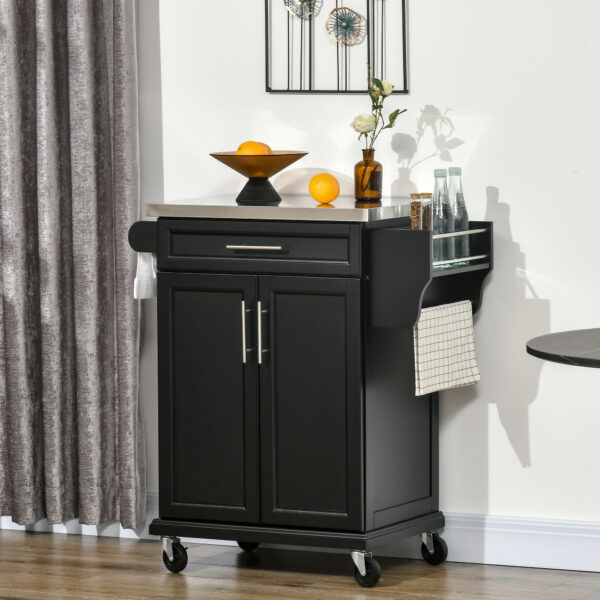 Kitchen Island with Stainless Steel Top, Rolling Kitchen Cart on Wheels with Storage Drawer, Cabinet, Towel Rack and Spice Rack (Black)