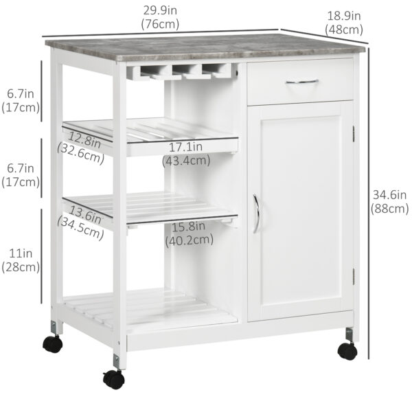 Rolling Kitchen Cart, Bar Cart on Wheels with Wine Rack, Drawer, Open Shelves, Cabinet and Faux Marble Top, Kitchen Island with Storage, White