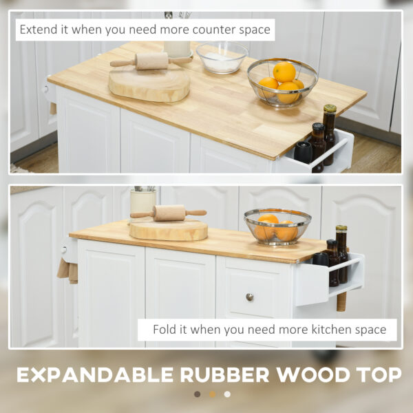 Kitchen Island on Wheels, Kitchen Cart with Drop Leaf, Drawers, White