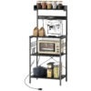 Kitchen Baker's Rack with Power Outlet, Coffee Bar Station with Adjustable Shelves and Hooks, Distressed Black