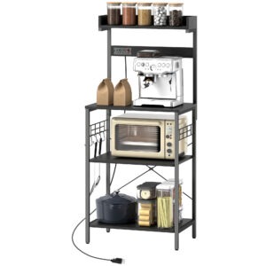 Kitchen Baker's Rack with Power Outlet, Coffee Bar Station with Adjustable Shelves and Hooks, Distressed Black