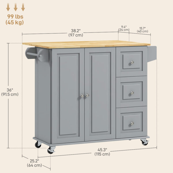 Kitchen Island on Wheels, Kitchen Cart with Drop Leaf, Drawers, Grey