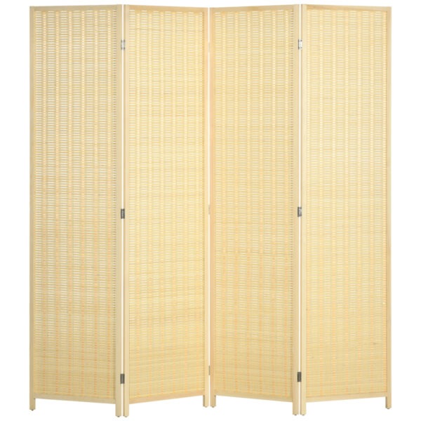 4‑panel woven bamboo room divider in natural wood finish used as an indoor privacy screen.