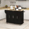 Modern Rolling Kitchen Island Cart with Drawers, Natural Wood Top, Towel Rack, Door Storage Cabinet, Black