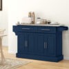 Rolling Kitchen Island with Stainless Steel Top, Kitchen Trolley with 2 Drawers, Cabinets, Towel/Spice/Knife Rack, Blue