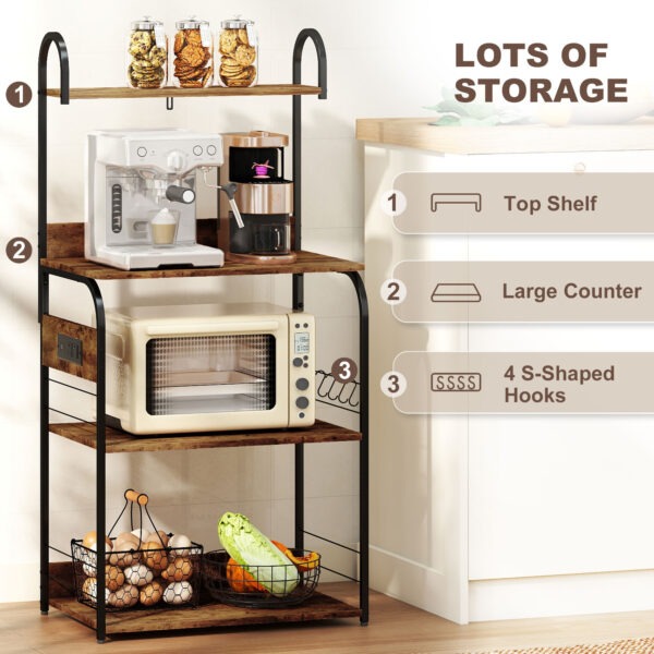 Baker's Rack with Charing Station, Microwave Shelf with Power Outlet, USB Charger and 4 Hooks, Rustic Brown