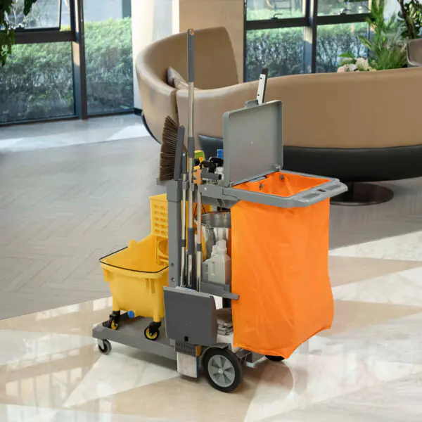 ANy66319b9e3d8e87.jpg Commercial Janitorial Cart with 3 Tier Shelves, Cleaning Cart with Rubbish Bag and Mop Mount for Hotel Restaurant, Grey