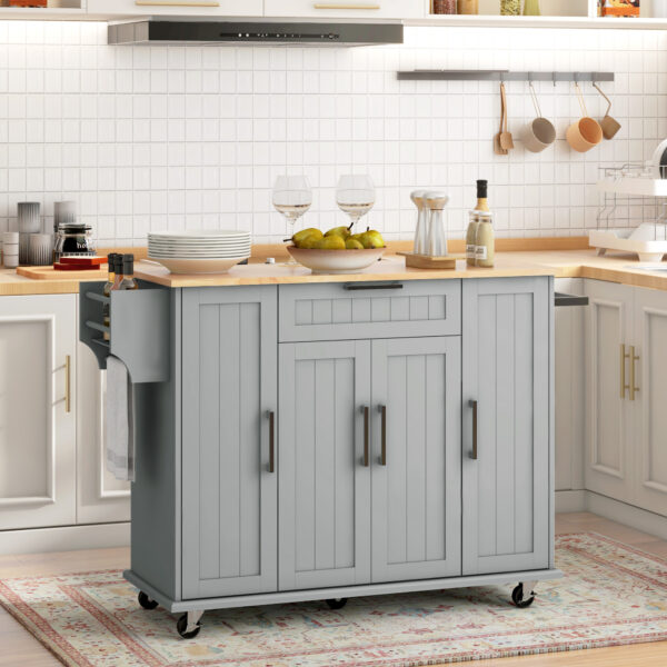 Modern Rolling Kitchen Island Cart with Drawers, Natural Wood Top, Towel Rack, Door Storage Cabinet, Grey