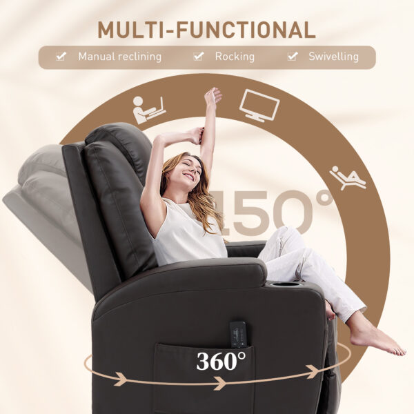 Massage Recliner Chair, Swivel Nursery Rocker Chair, Manual Reclining Sofa with 8 Vibration Points, PU Leather, Cup Holders, Side Pockets, for Living Room, Brown