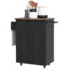 Modern Rolling Kitchen Island Cart with Drawer, Natural Wood Top, Towel Rack, Door Storage Cabinet, Distressed Black