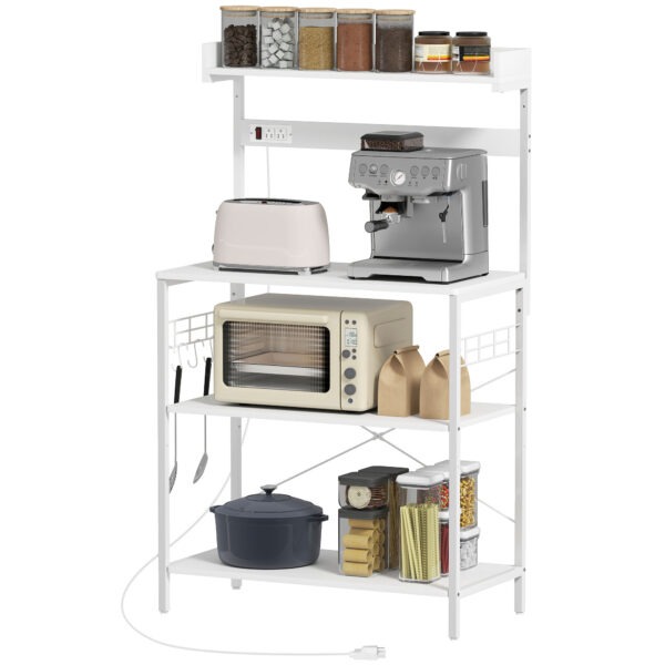 Kitchen Baker's Rack with Power Outlet, Coffee Bar Station with Adjustable Shelves and Hooks, Distressed White