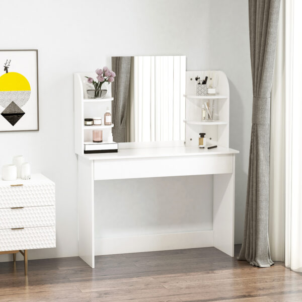 B7If8218df431e0af.jpg Vanity Table, Makeup Vanity with Open Shelves and Drawer, Dressing Table for Bedroom, White