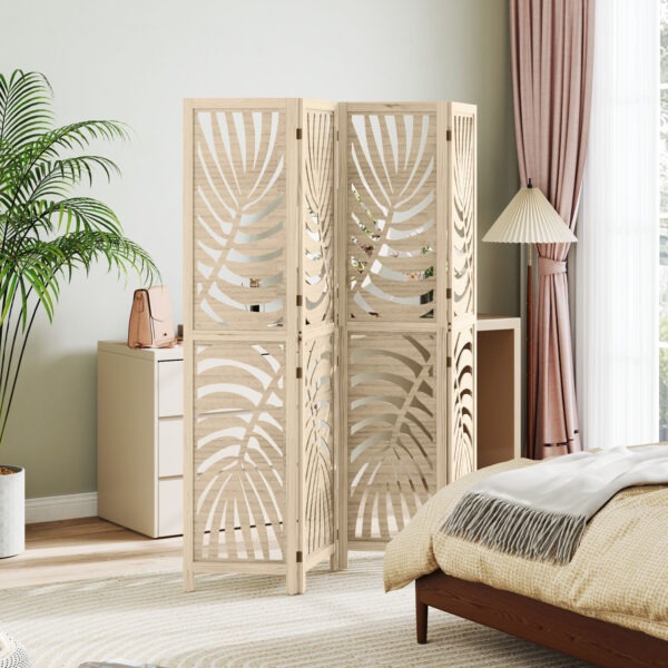 BJz96719491e47a89.jpg 4 Panel Room Divider, Detachable Folding Privacy Screens with Palm Leaf Design for Home Office, Natural Wood Finish
