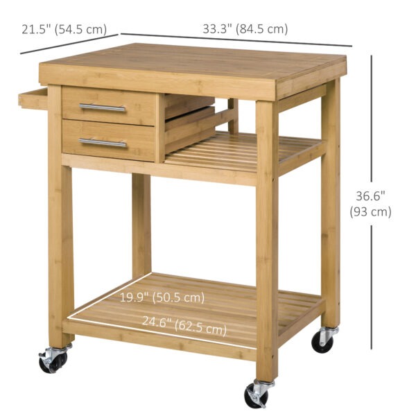 Bamboo Rolling Kitchen Island Trolley with Drawers & Shelves