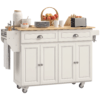 Kitchen Island with Storage, Rolling Kitchen Island with Drop Leaf, Rubber Wood Top and Adjustable Shelves, Cream White