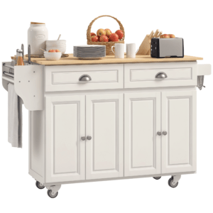 Kitchen Island with Storage, Rolling Kitchen Island with Drop Leaf, Rubber Wood Top and Adjustable Shelves, Cream White