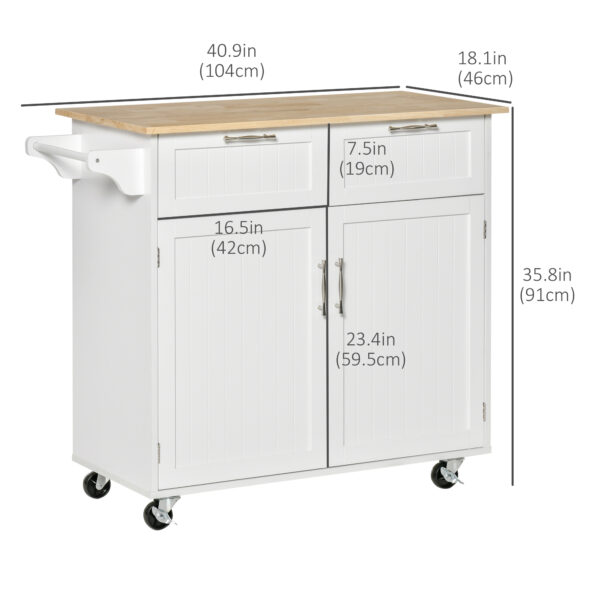 Rolling Kitchen Island with Storage Drawers, Kitchen Cart with Rubber Wood Top, Cabinet & Towel Rack, White