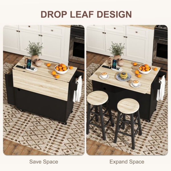 Bcze11198a688c81e.jpg Kitchen Island with Storage, Rolling Kitchen Cart with Foldable Drop Leaf, Power Outlet and USB Ports, Black