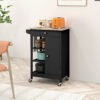 Modern Rolling Kitchen Island Cart with Drawer, Natural Wood Top, Towel Rack, Door Storage Cabinet, Black