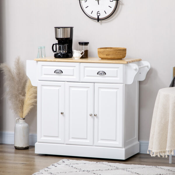 Kitchen Island With Storage Rolling Kitchen Serving Cart with Rubber Wood Top Towel Rack Storage Drawer Cabinet, White