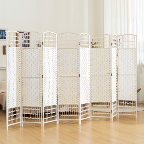 8 Panel Folding Room Divider, Portable Privacy Screen, Wave Fiber Room Partition for Home Office, White